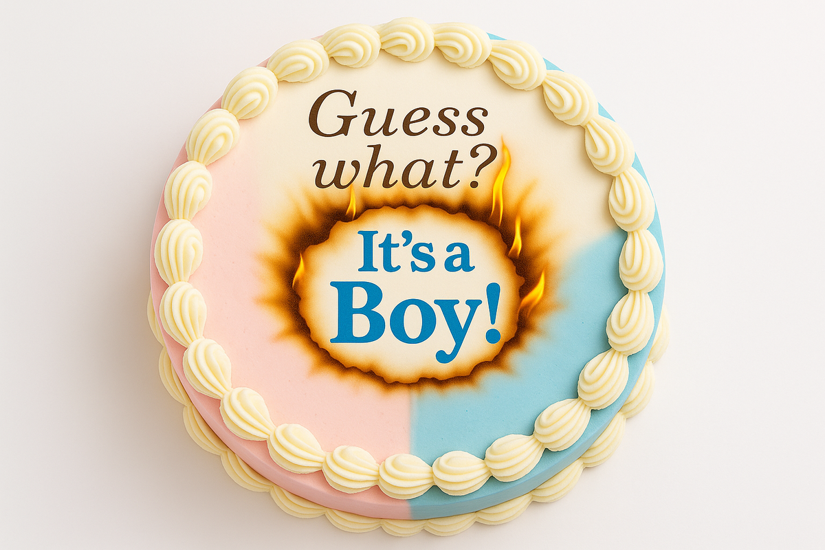 Edible burn-away topper mid-reveal on a celebration cake