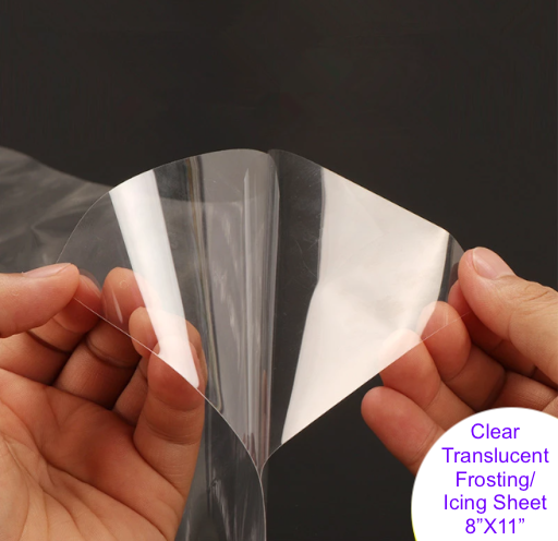 Hands holding a clear translucent edible frosting sheet