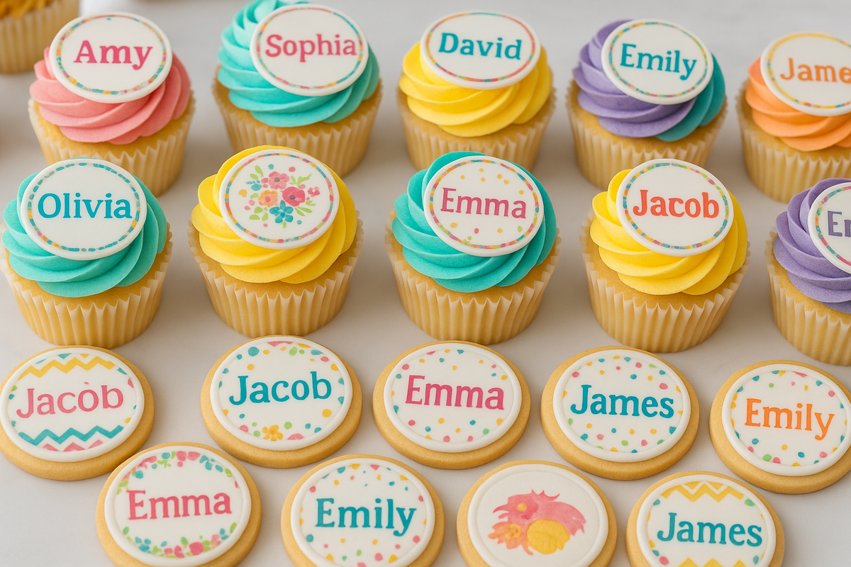 Cupcakes and cookies with personalised edible name toppers
