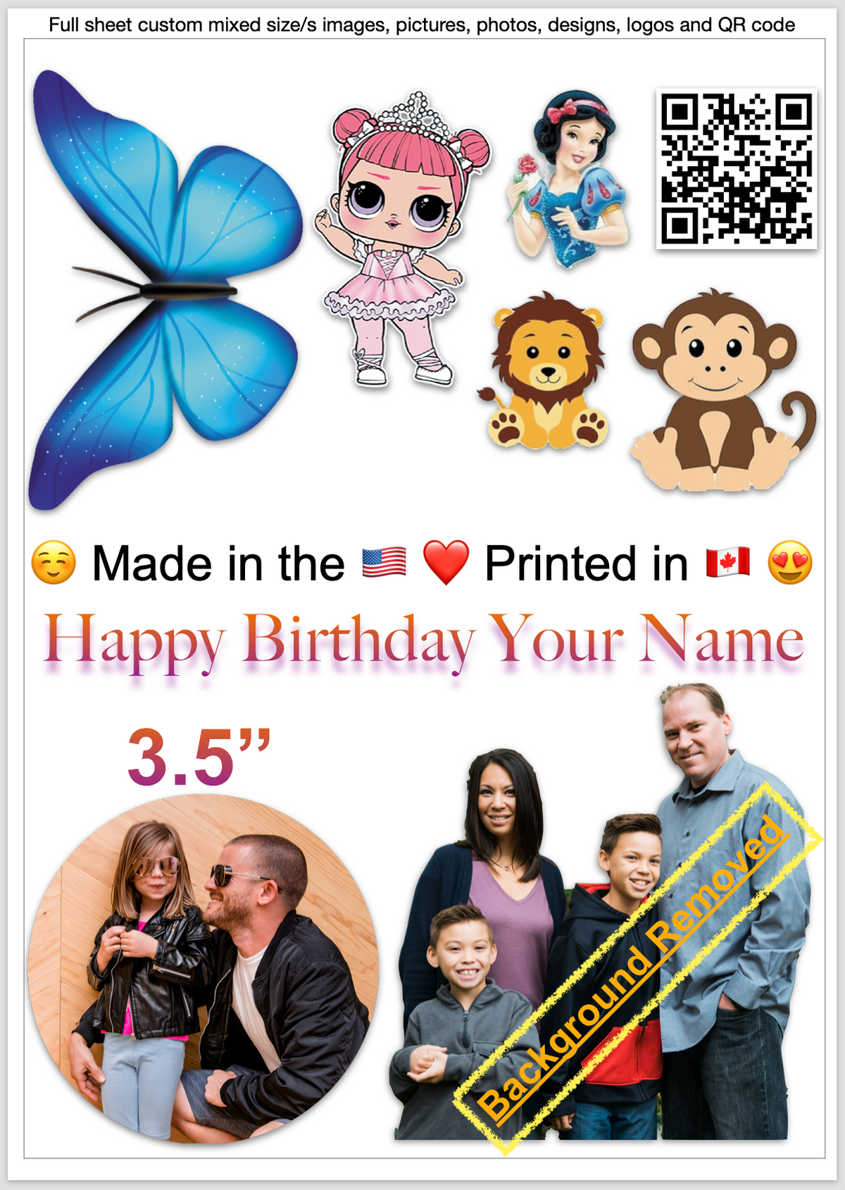 A full custom edible sheet with mixed photos, characters and a QR code