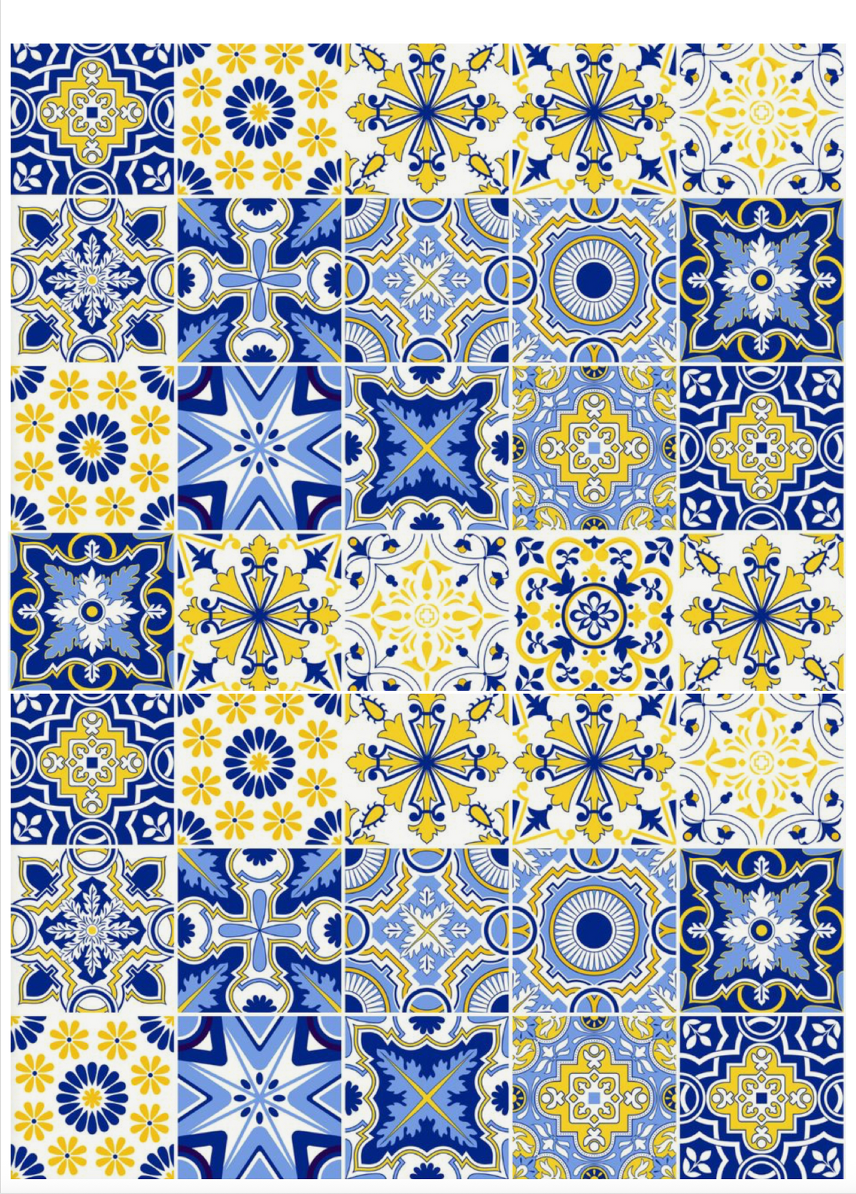 Blue and yellow Mediterranean azulejo tile pattern sheet